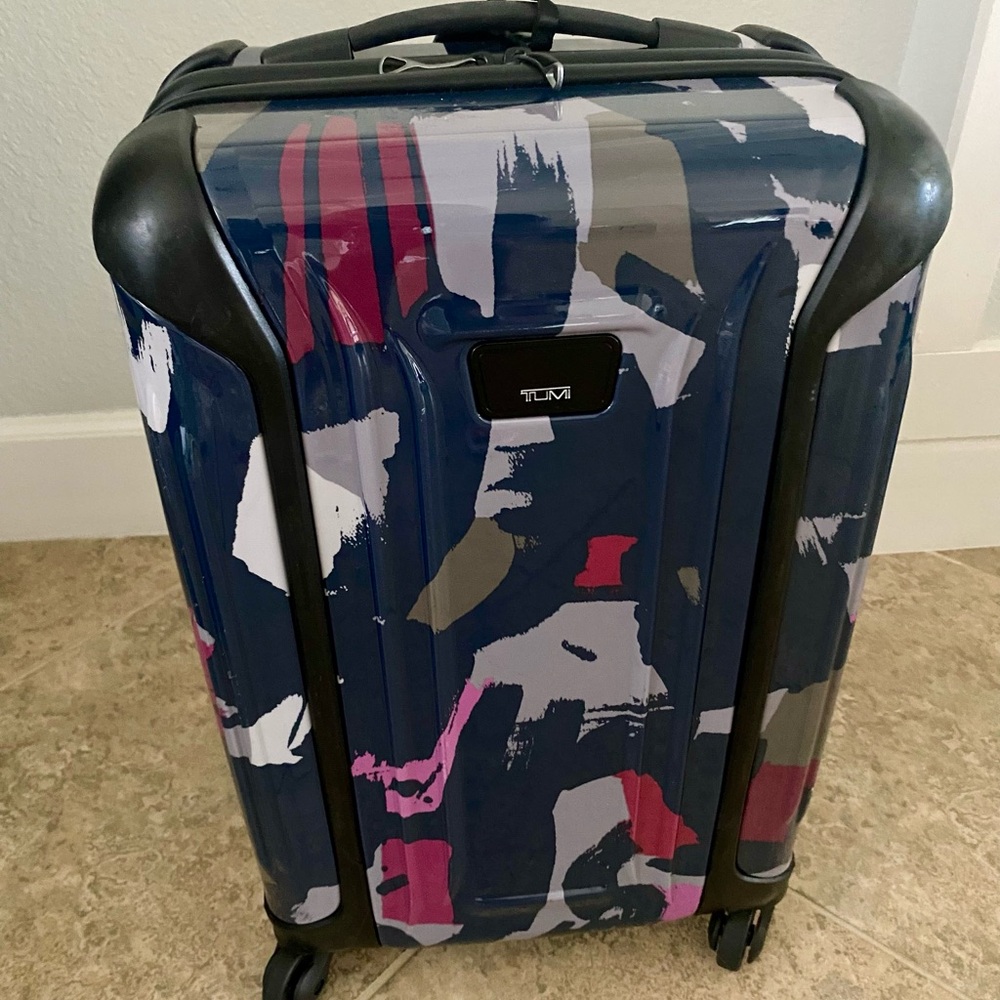 Tumi Artistic Pattern hard shell compact carry on Suitcase in Blue/Burgundy/Grey